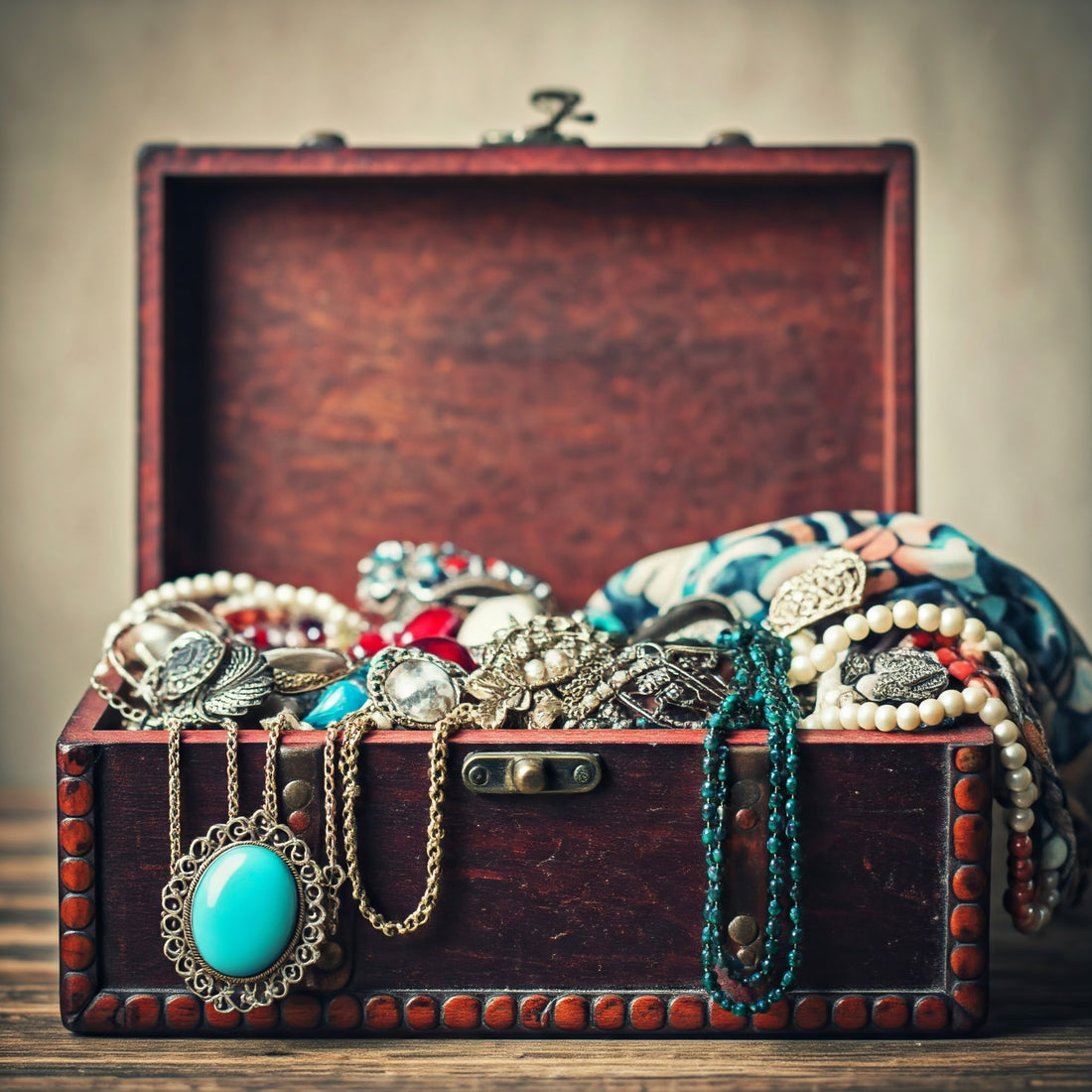 vintage accessories in a vintage wooden jewelry box