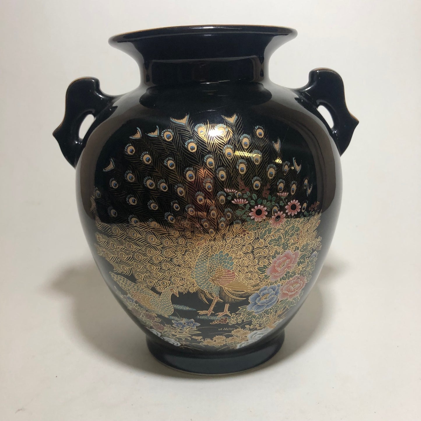 Vintage Japanese Black Porcelain Vase with Peacocks, Flowers, and Gold Details