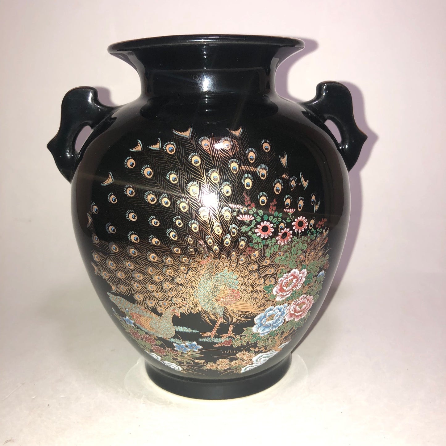 Vintage Japanese Black Porcelain Vase with Peacocks, Flowers, and Gold Details