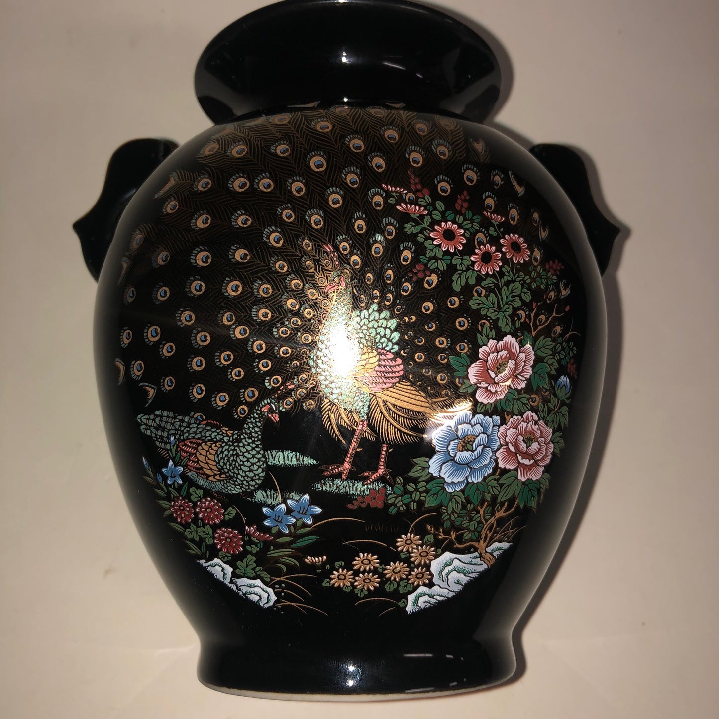 Vintage Japanese Black Porcelain Vase with Peacocks, Flowers, and Gold Details