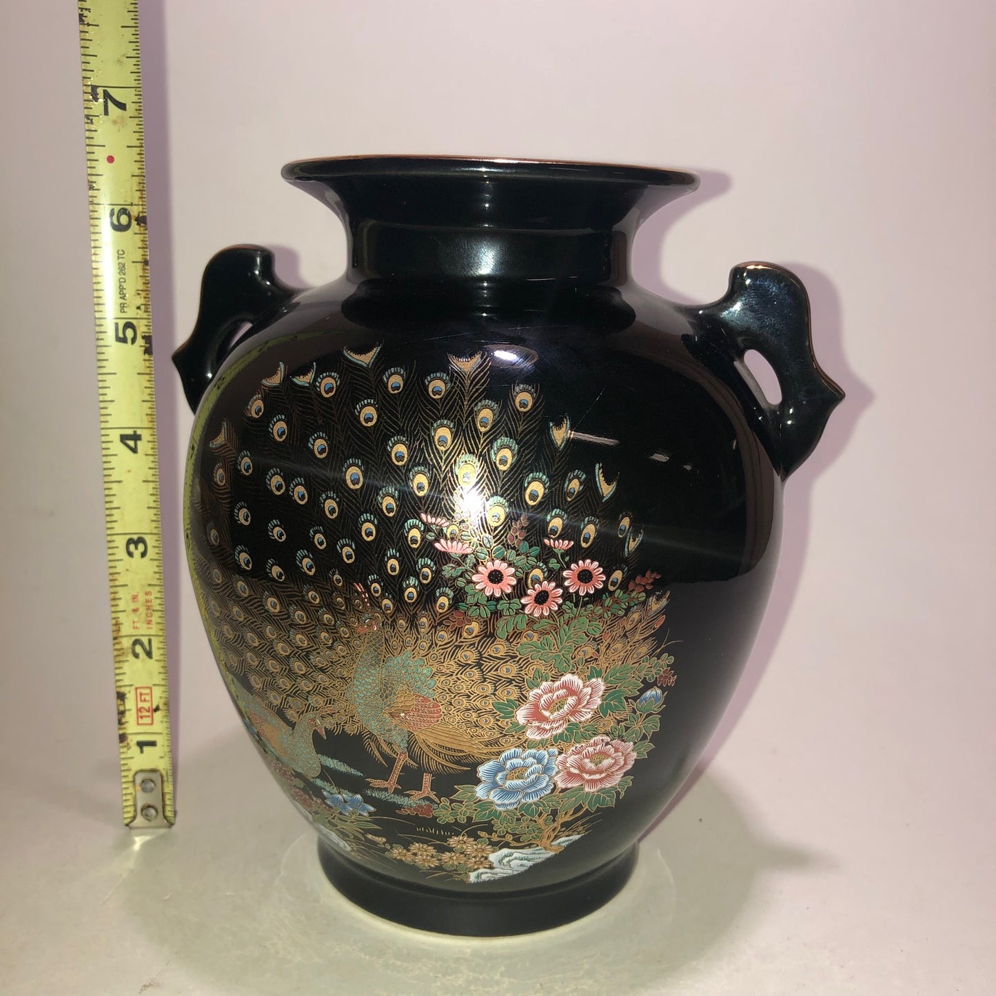 Vintage Japanese Black Porcelain Vase with Peacocks, Flowers, and Gold Details