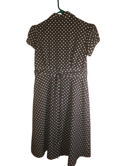 Vintage Brown & White Polka Dot Dress, Small, Button Detail, Bow Back