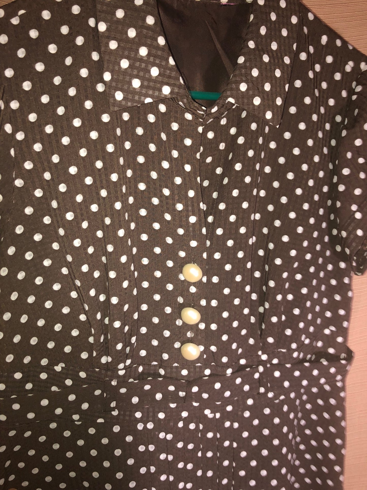 Vintage Brown & White Polka Dot Dress, Small, Button Detail, Bow Back