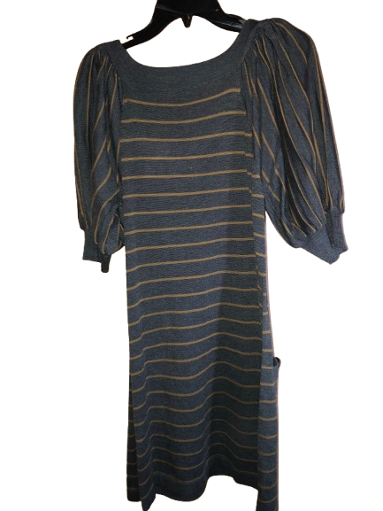 Vintage New Directions Striped Dress, Size S - Gray & Gold Puff Sleeves