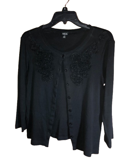Rafaella Vintage Cardigan, Size S, Black with Floral Detail - Classic Style