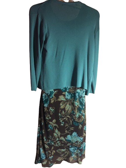 Vintage Floral Midi Dress & Cardigan Set, 90s, Brown and Blue