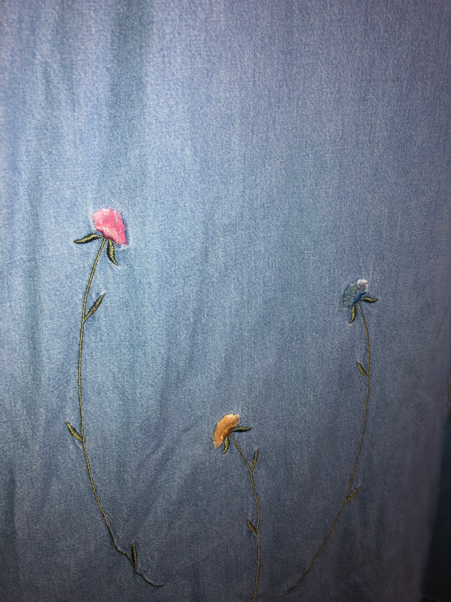 Vintage 90s Denim Maxi Dress - Floral Embroidery, Colorful Flower Buttons