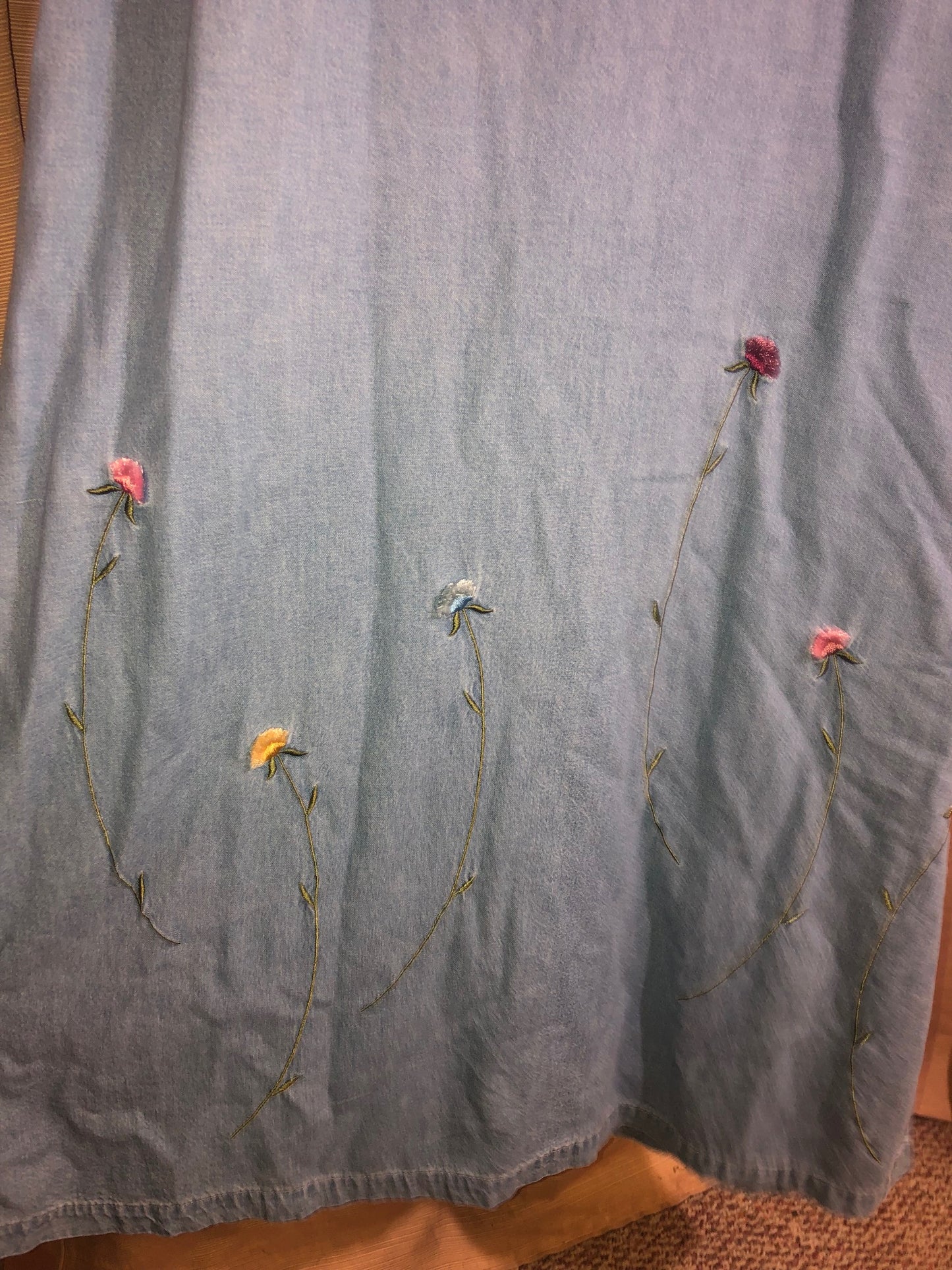 Vintage 90s Denim Maxi Dress - Floral Embroidery, Colorful Flower Buttons