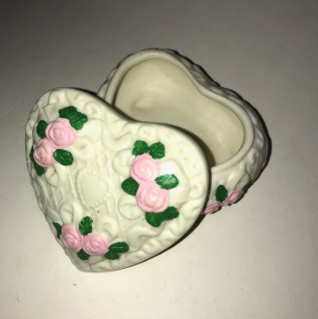 Vintage Heart-Shaped Porcelain Jewelry Box with Rose Design