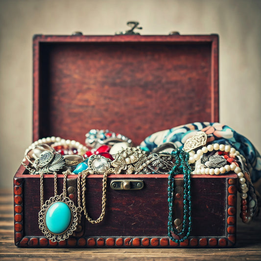 vintage accessories in a vintage wooden jewelry box