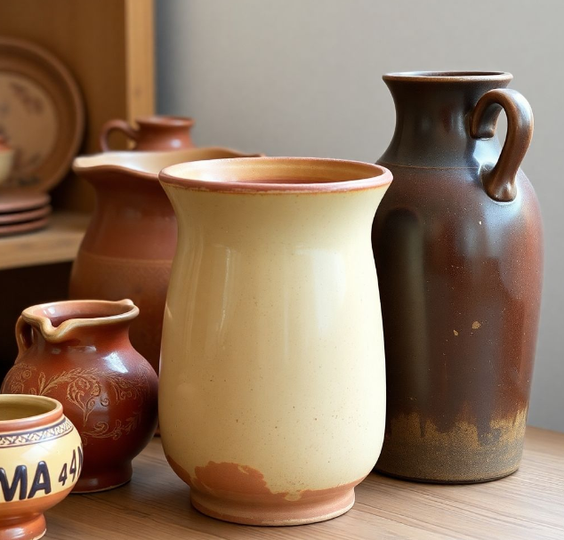 collection of beige/brown vintage pottery, how to tell if pottery is old/vintage/antique