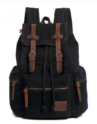 Black retro vintage canvas backpack with brown leather accents