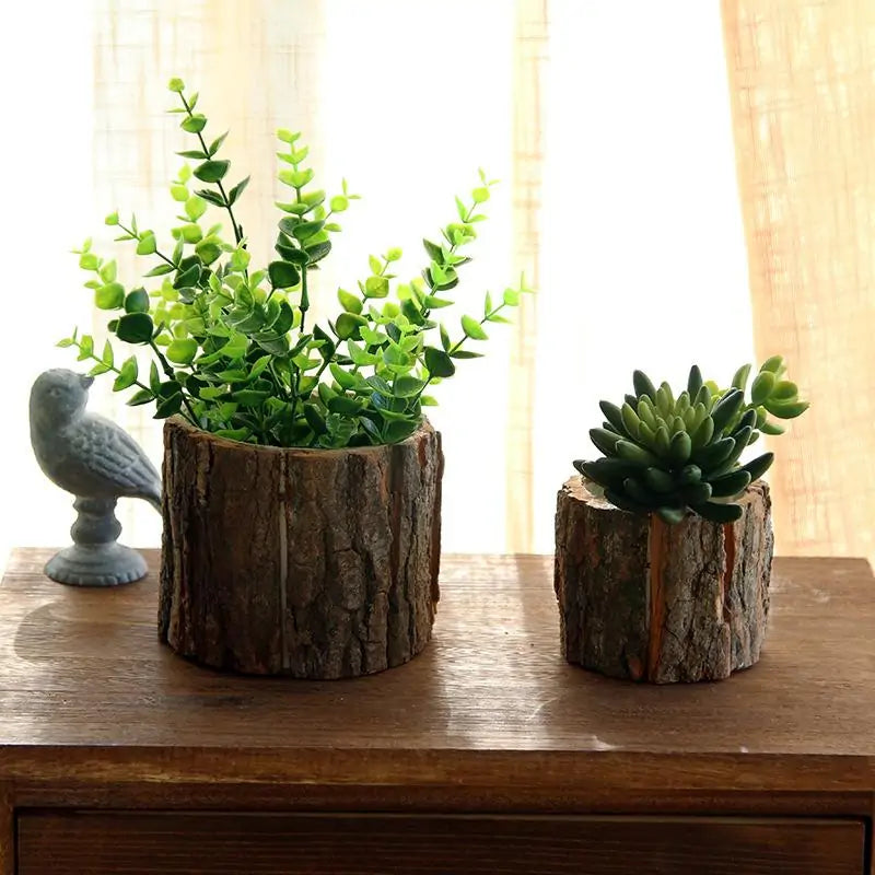 two vintage inspired rustic wood log style planter pots