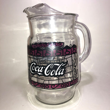 Coca Cola Glass Pitcher Tiffany Style Stained Glass Soda Pop Coke Vintage 1970s Retro