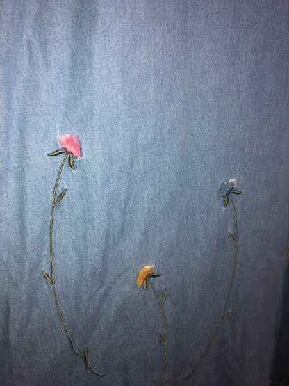 Vintage 90s Denim Maxi Dress - Floral Embroidery, Colorful Flower Buttons