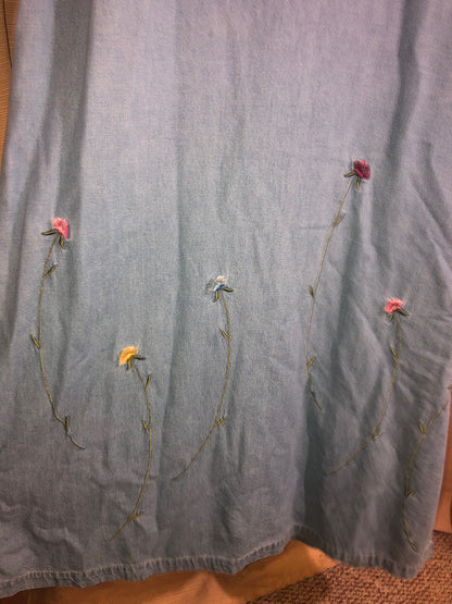 Vintage 90s Denim Maxi Dress - Floral Embroidery, Colorful Flower Buttons