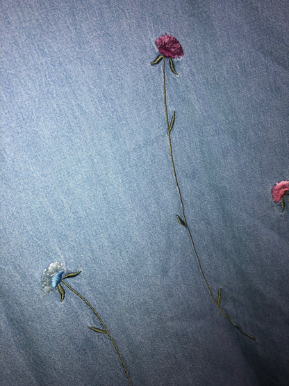 Vintage 90s Denim Maxi Dress - Floral Embroidery, Colorful Flower Buttons