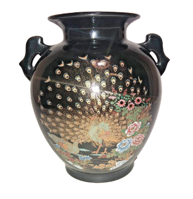 Vintage Japanese Black Porcelain Vase with Peacocks, Flowers, and Gold Details