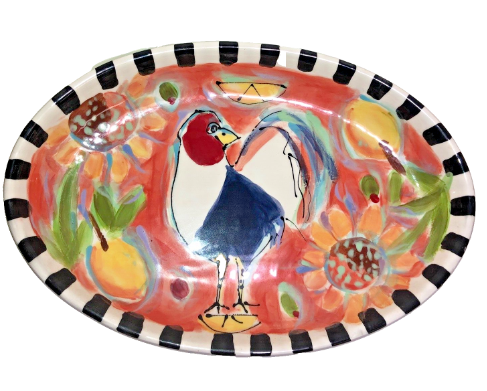 Vintage Victoria Heisler Pottery Oval Rooster Platter, Fruit, Sunflowers