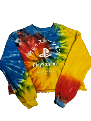 Pre-Owned PlayStation Crop Top | Tie-Dye | "Live in Your World, Play in Ours" | Women's Gaming Apparel | Retro Vibes