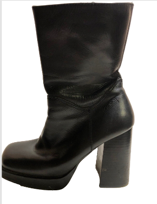 Vintage Candies Y2K Style Chunky Heel Black Leather Boots, Womens Size 7.5 90s Fashion