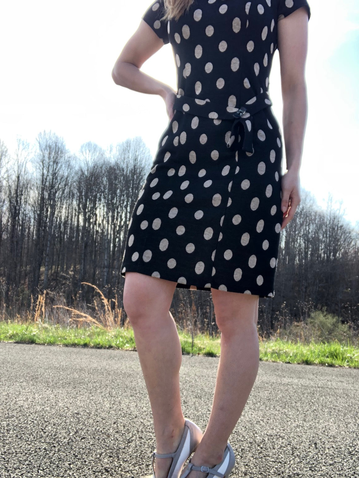 model wearing AGB Vintage Black & Cream Polka Dot Dress
